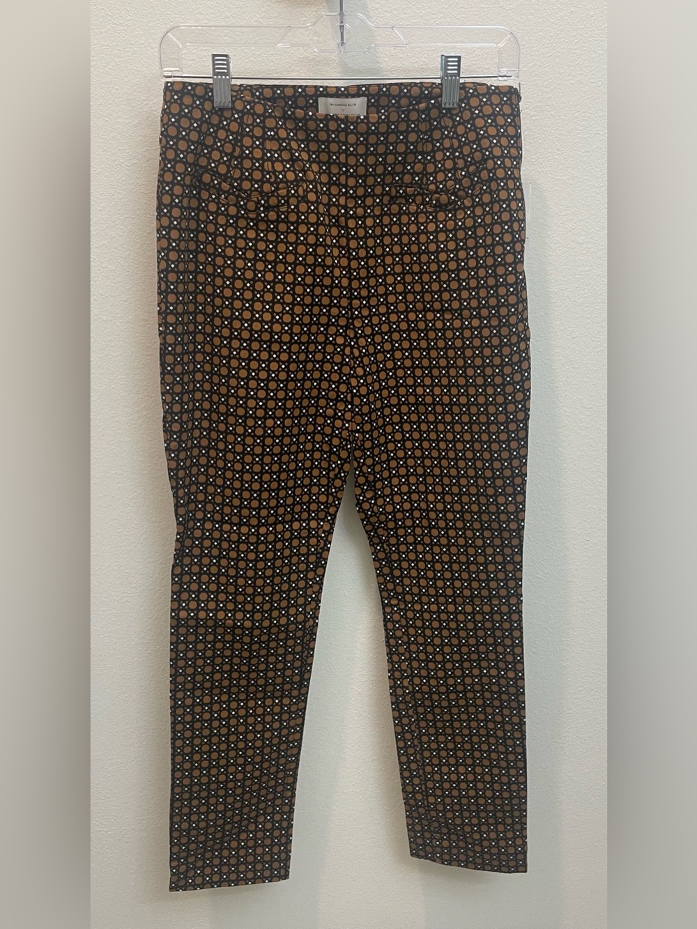 Anthropologie Brown/Navy Blue Geometric Print Slim Fit Dress Ankle Crop Pants